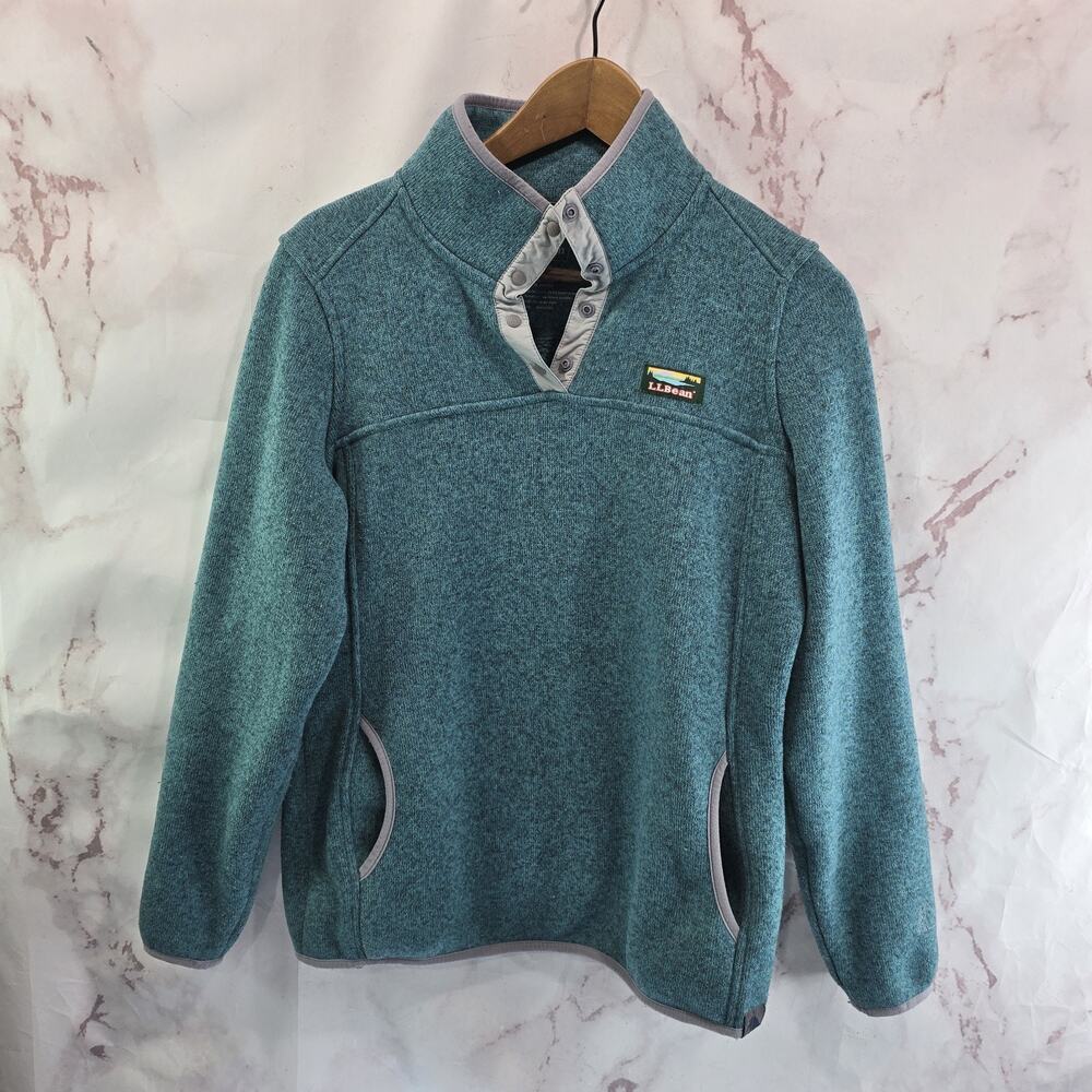LL Bean Pullover Womens Medium Blue Recycled Sweater Fleece Snap Mock Regular